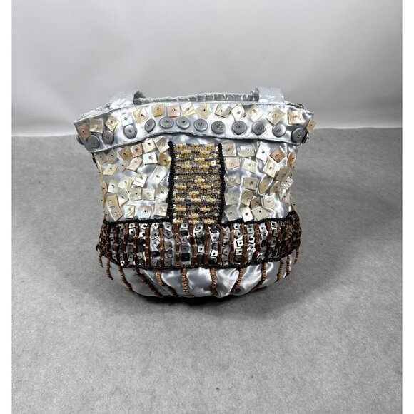 Handcrafted Statement Silver Satin Purse with Buttons & Beads Embellishments - Picture 3 of 16